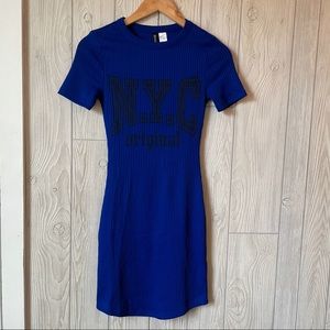 Graphic Ribbed Knit Blue Bodycon Dress Street Style Electric Date Night